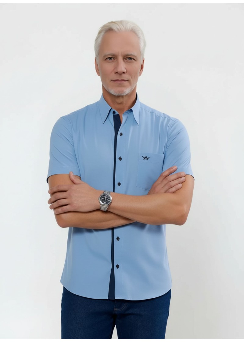 Camisa social masculina de tricoline com detalhe manga curta, azul