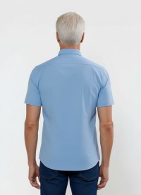 Camisa social masculina de tricoline com detalhe manga curta, azul