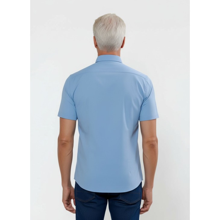 Camisa social masculina de tricoline com detalhe manga curta, azul