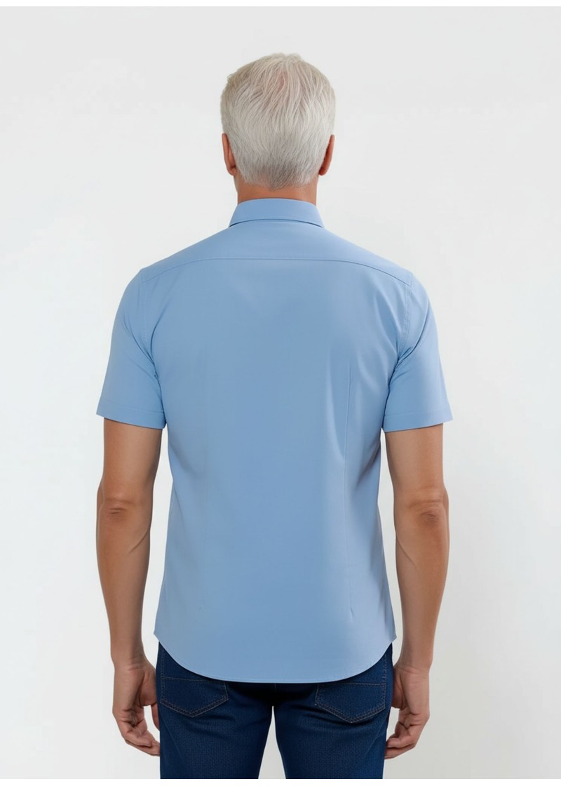 Camisa social masculina de tricoline com detalhe manga curta, azul