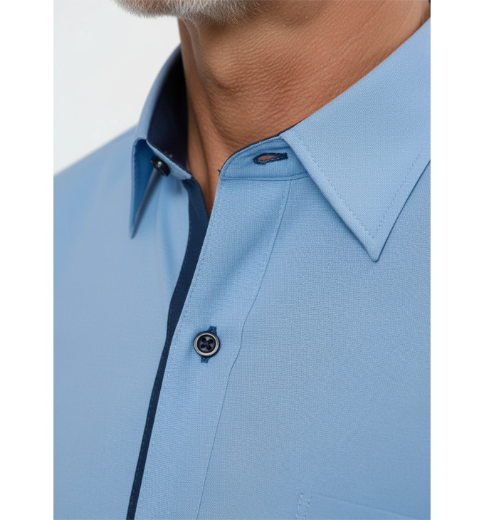 Camisa social masculina de tricoline com detalhe manga curta, azul Camisa social masculina de tricoline com detalhe manga curta, azul