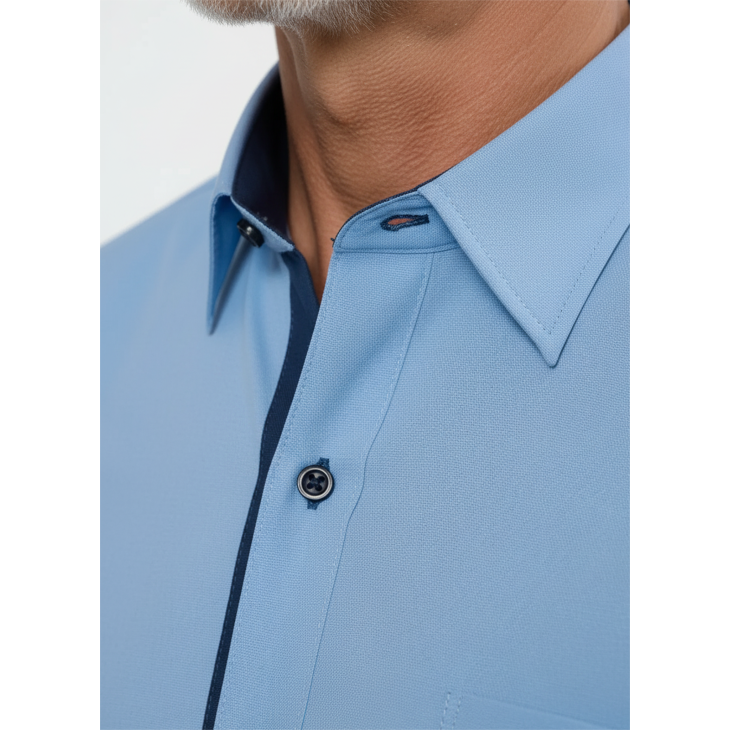 Camisa social masculina de tricoline com detalhe manga curta, azul