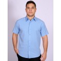 Camisa social masculina de tricoline com detalhe manga curta, azul