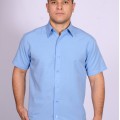 Camisa social masculina de tricoline detalhe manga curta, azul