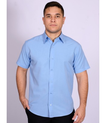 Camisa social masculina de tricoline com detalhe manga curta, azul