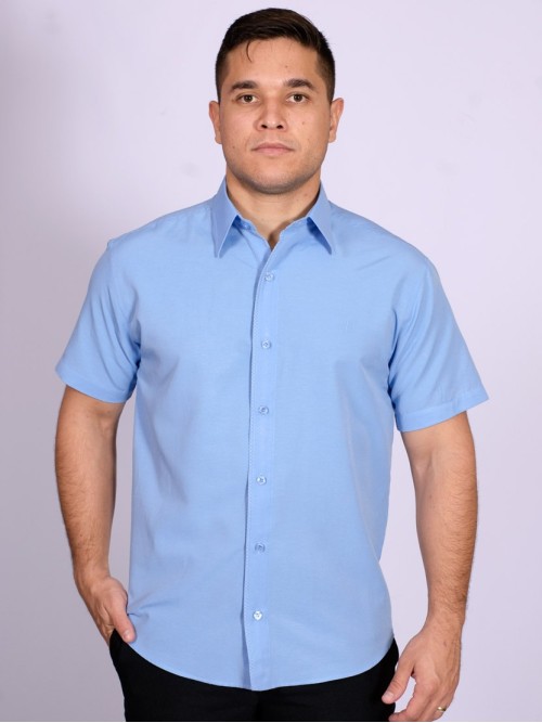 Camisa social masculina de tricoline com detalhe manga curta, azul