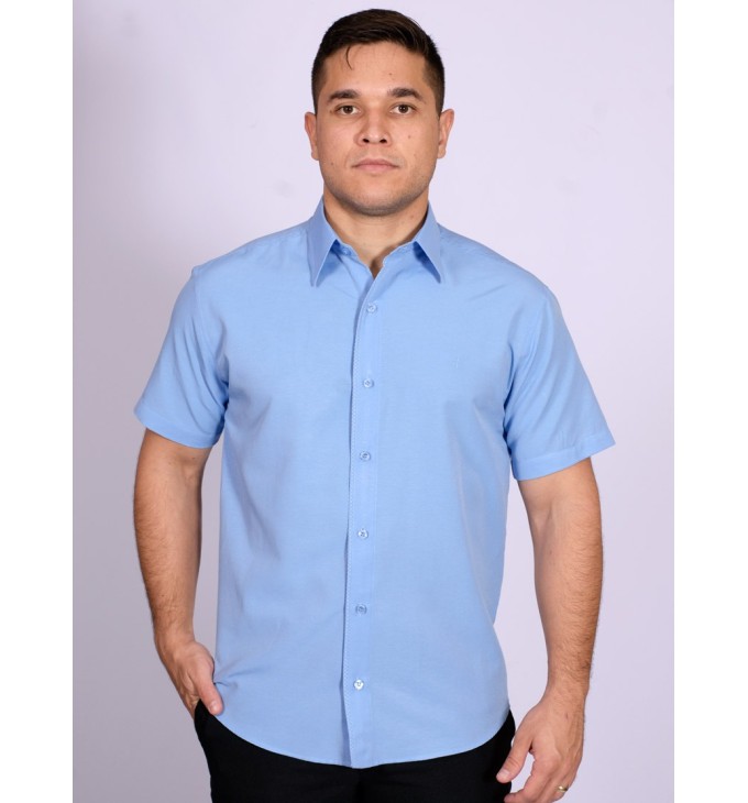 Camisa social masculina de tricoline com detalhe manga curta, azul Camisa social masculina de tricoline com detalhe manga curta, azul