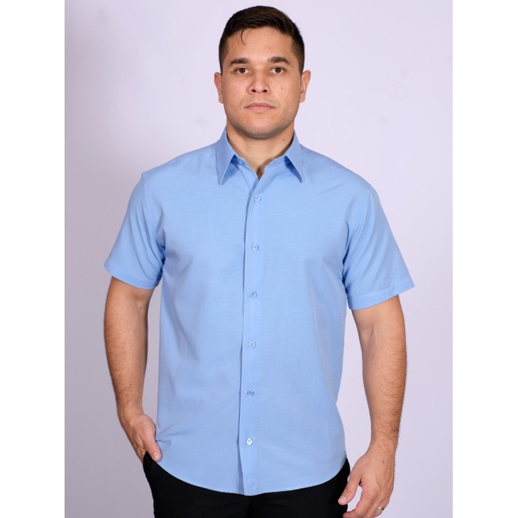 Camisa social masculina de tricoline detalhe manga curta, azul