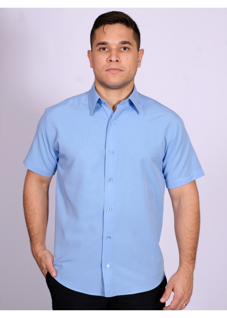 Camisa social masculina de tricoline detalhe manga curta, azul