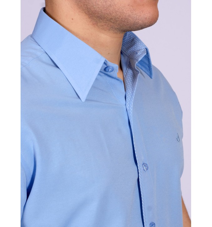 Camisa social masculina de tricoline com detalhe manga curta, azul Camisa social masculina de tricoline com detalhe manga curta, azul