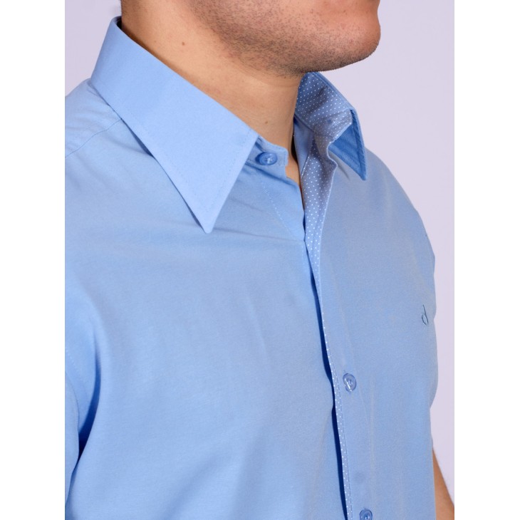 Camisa social masculina de tricoline detalhe manga curta, azul