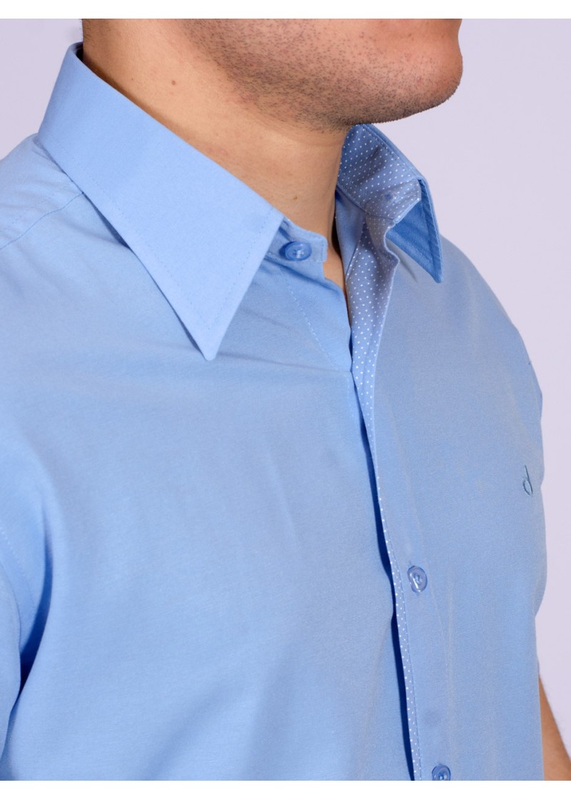 Camisa social masculina de tricoline detalhe manga curta, azul