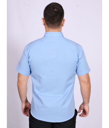 Camisa social masculina de tricoline com detalhe manga curta, azul