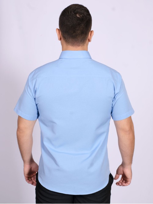 Camisa social masculina de tricoline com detalhe manga curta, azul