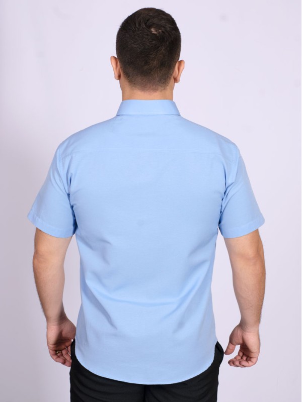 Camisa social masculina de tricoline com detalhe manga curta, azul