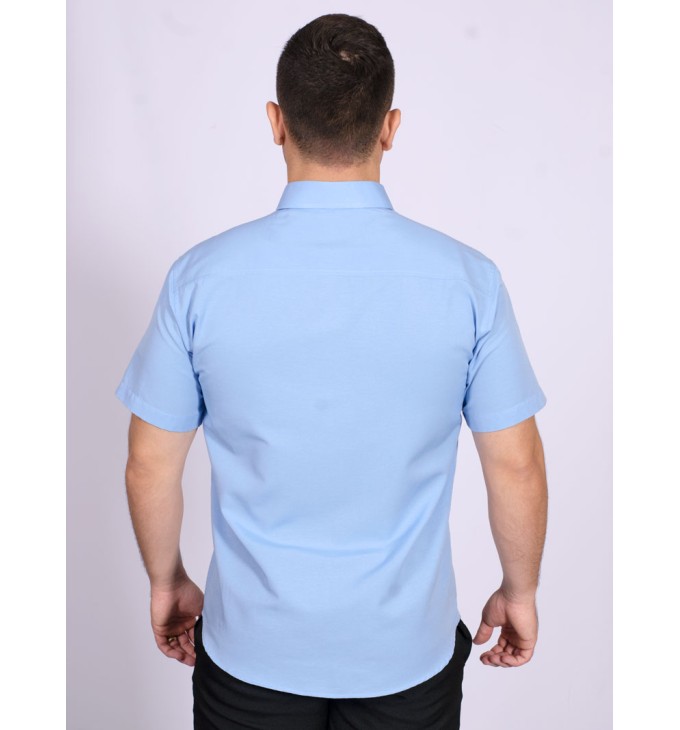 Camisa social masculina de tricoline com detalhe manga curta, azul Camisa social masculina de tricoline com detalhe manga curta, azul