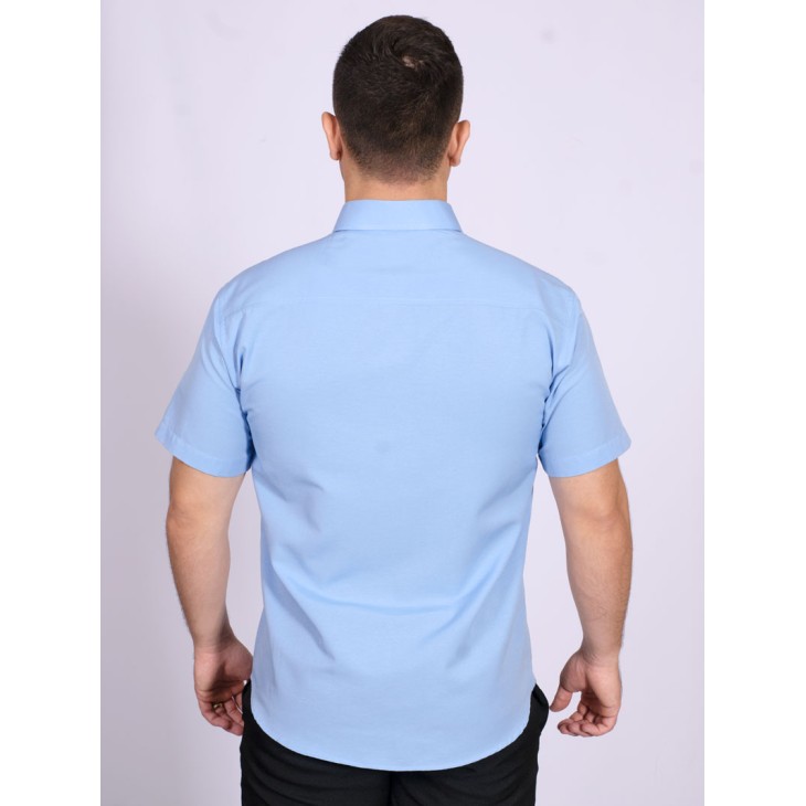 Camisa social masculina de tricoline detalhe manga curta, azul