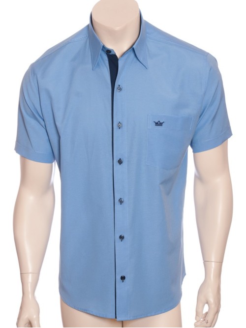 Camisa social masculina de tricoline com detalhe manga curta, azul