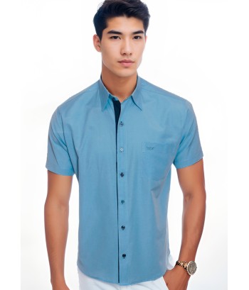 Camisa social masculina de tricoline com detalhe manga curta, azul