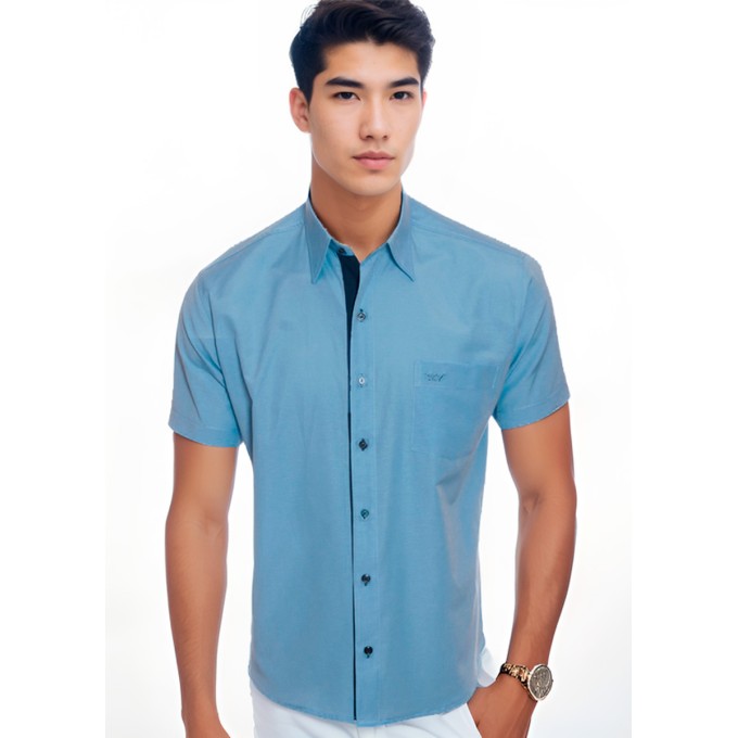 Camisa social masculina de tricoline com detalhe manga curta, azul Camisa social masculina de tricoline com detalhe manga curta, azul