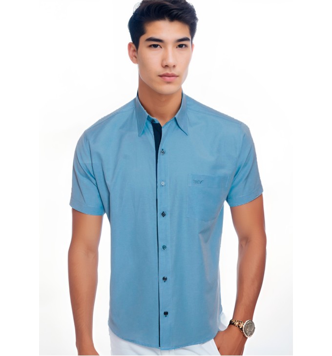 Camisa social masculina de tricoline com detalhe manga curta, azul Camisa social masculina de tricoline com detalhe manga curta, azul