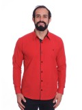 Camisa masculina de tricoline manga longa com detalhe de bolinha, vermelha