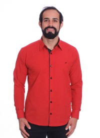 Camisa masculina de tricoline manga longa com detalhe de bolinha, vermelha