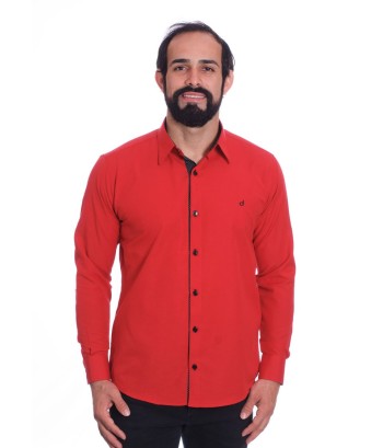 Camisa masculina de tricoline manga longa com detalhe de bolinha, vermelha