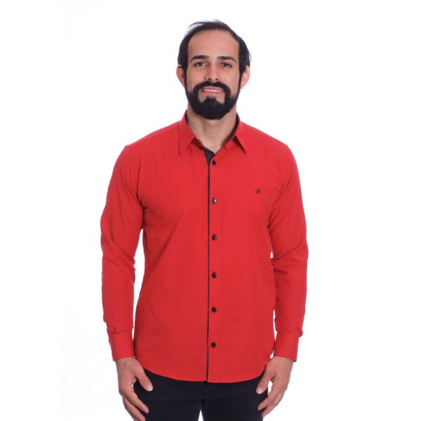 Camisa masculina de tricoline manga longa com detalhe de bolinha, vermelha