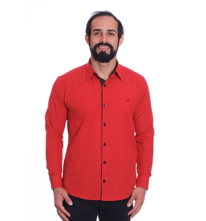 Camisa masculina de tricoline manga longa com detalhe de bolinha, vermelha Camisa masculina de tricoline manga longa com detalhe de bolinha, vermelha