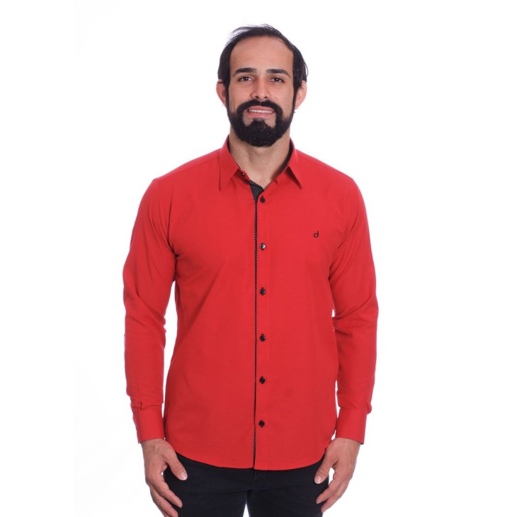 Camisa masculina de tricoline manga longa com detalhe de bolinha, vermelha