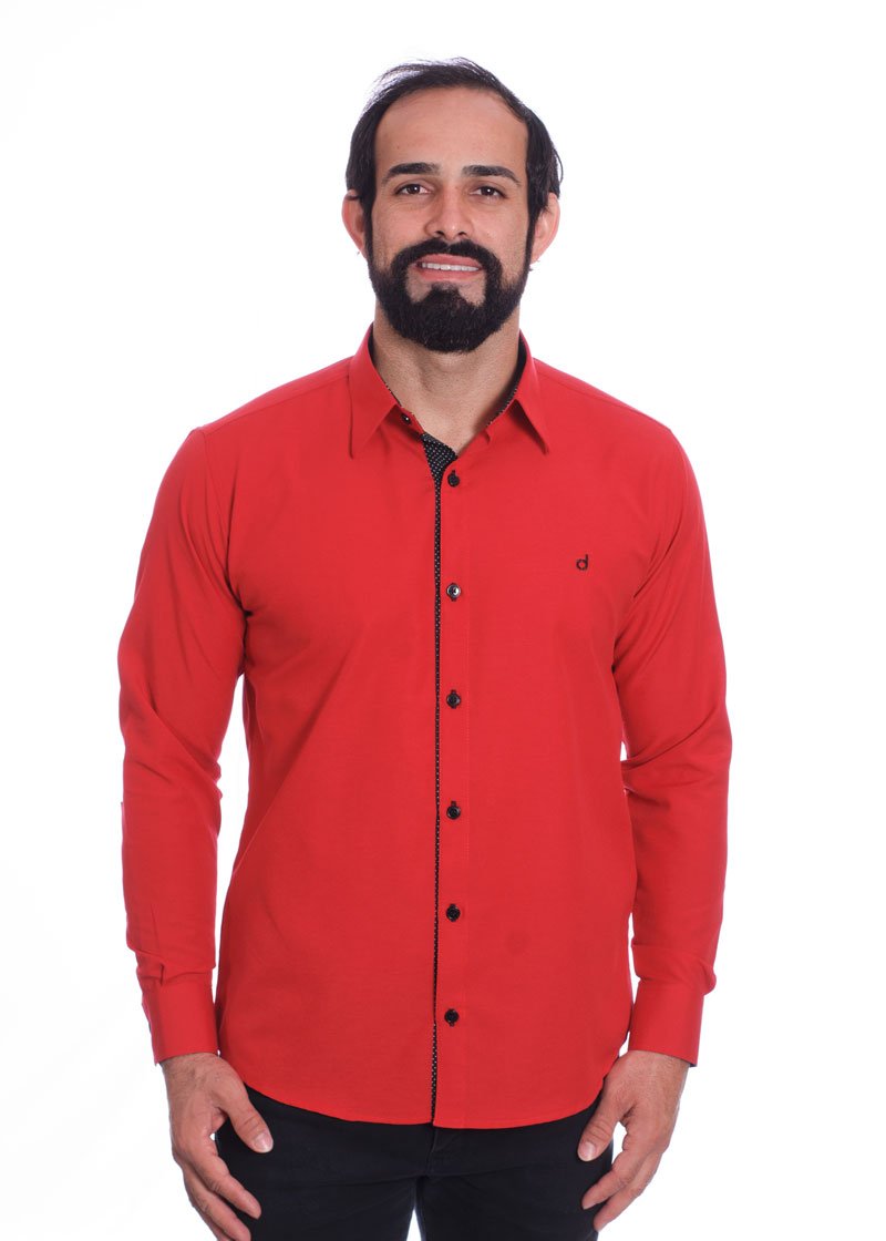 Camisa masculina de tricoline manga longa com detalhe de bolinha, vermelha