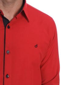 Camisa masculina de tricoline manga longa com detalhe de bolinha, vermelha
