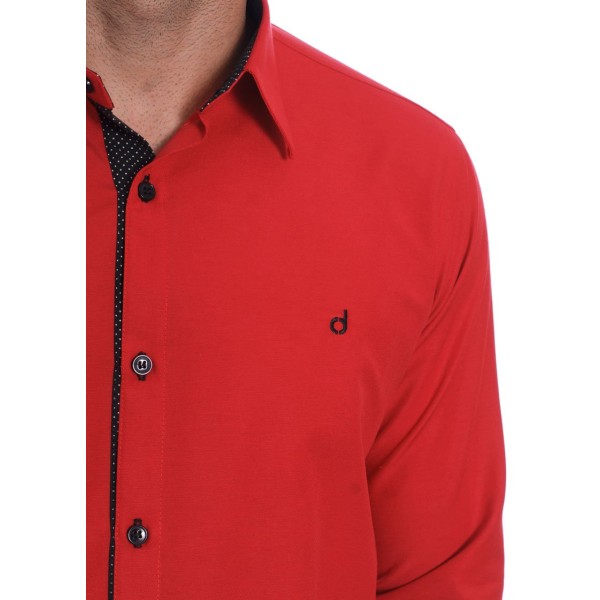 Camisa masculina de tricoline manga longa com detalhe de bolinha, vermelha