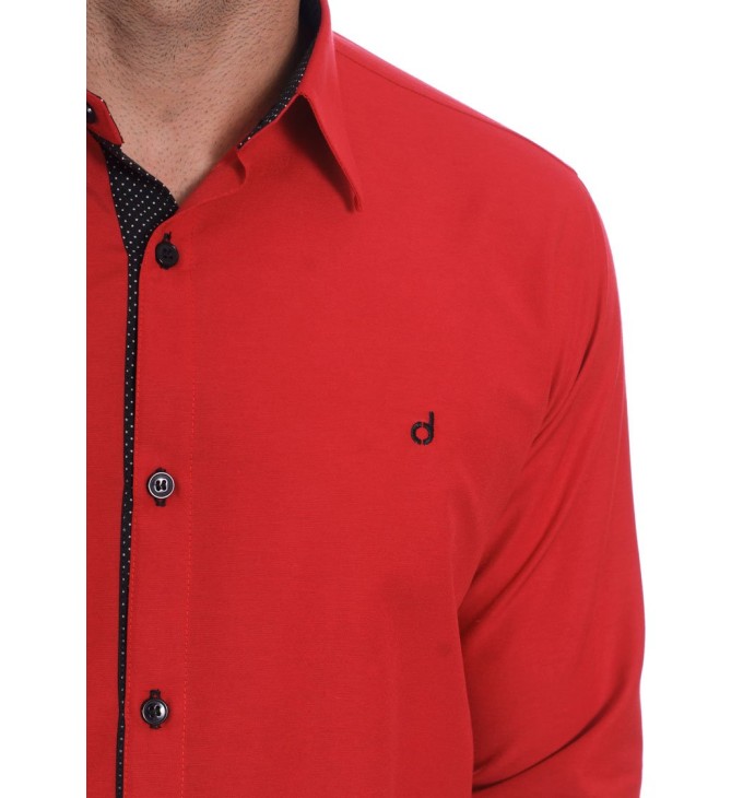 Camisa masculina de tricoline manga longa com detalhe de bolinha, vermelha Camisa masculina de tricoline manga longa com detalhe de bolinha, vermelha