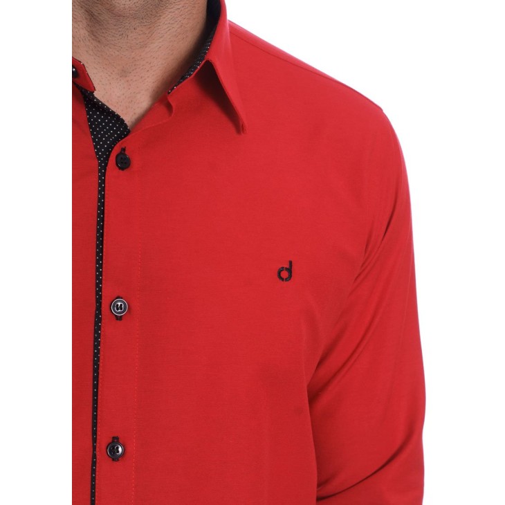 Camisa masculina de tricoline manga longa com detalhe de bolinha, vermelha