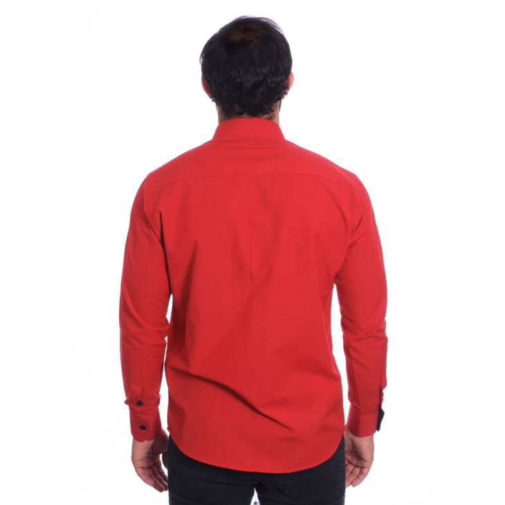Camisa masculina de tricoline manga longa com detalhe de bolinha, vermelha