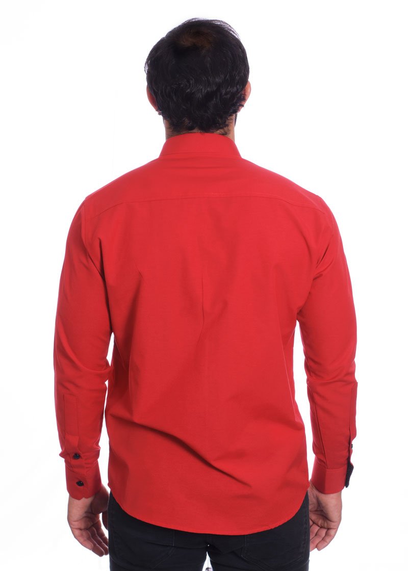 Camisa masculina de tricoline manga longa com detalhe de bolinha, vermelha