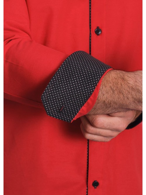 Camisa masculina de tricoline manga longa com detalhe de bolinha, vermelha