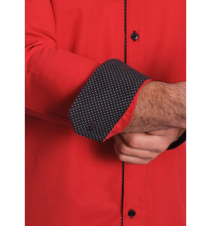 Camisa masculina de tricoline manga longa com detalhe de bolinha, vermelha Camisa masculina de tricoline manga longa com detalhe de bolinha, vermelha