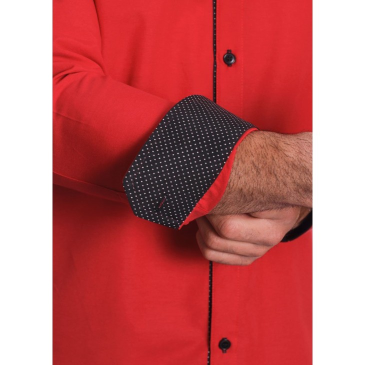 Camisa masculina de tricoline manga longa com detalhe de bolinha, vermelha