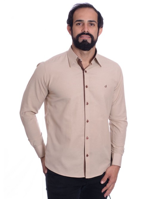 Camisa masculina de tricoline manga longa com detalhe de bolinha, cáqui