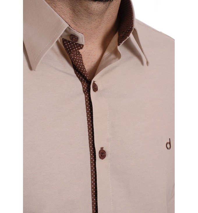 Camisa masculina de tricoline manga longa com detalhe de bolinha, cáqui Camisa masculina de tricoline manga longa com detalhe de bolinha, cáqui