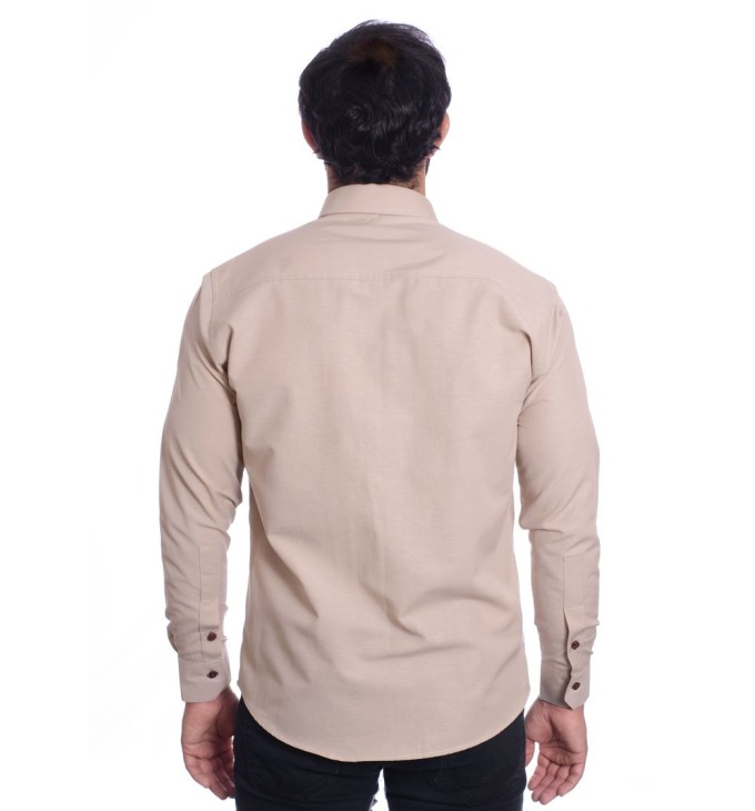 Camisa masculina de tricoline manga longa com detalhe de bolinha, cáqui Camisa masculina de tricoline manga longa com detalhe de bolinha, cáqui