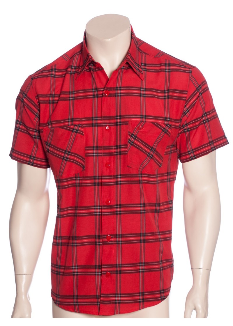 Camisa xadrez vermelha com linhas masculinas manga curta