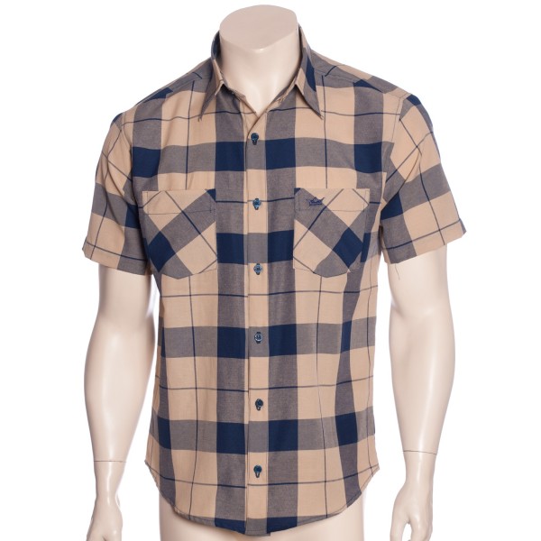 Camisa xadrez bege com marinho masculina manga curta