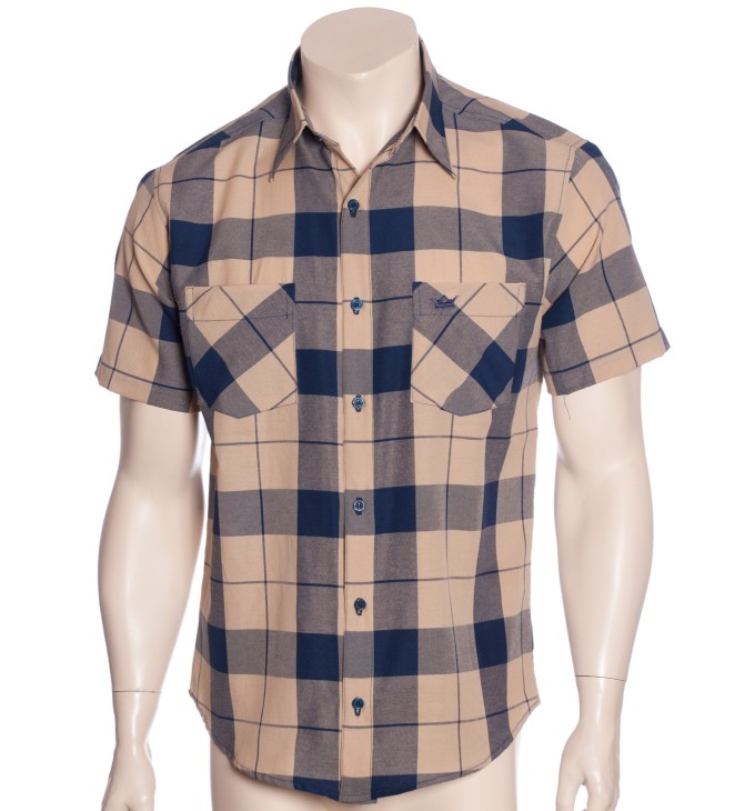 Camisa xadrez bege com marinho masculina manga curta