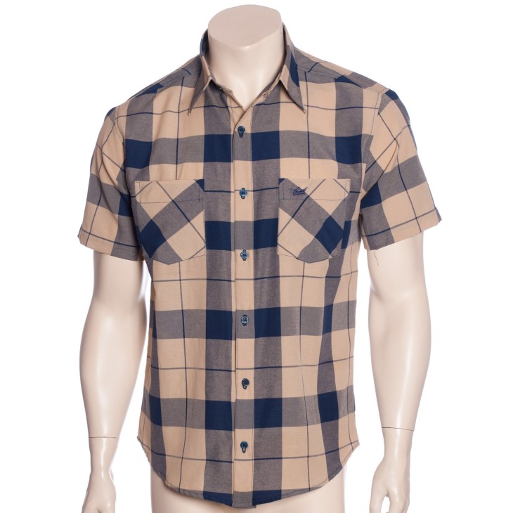 Camisa xadrez bege com marinho masculina manga curta