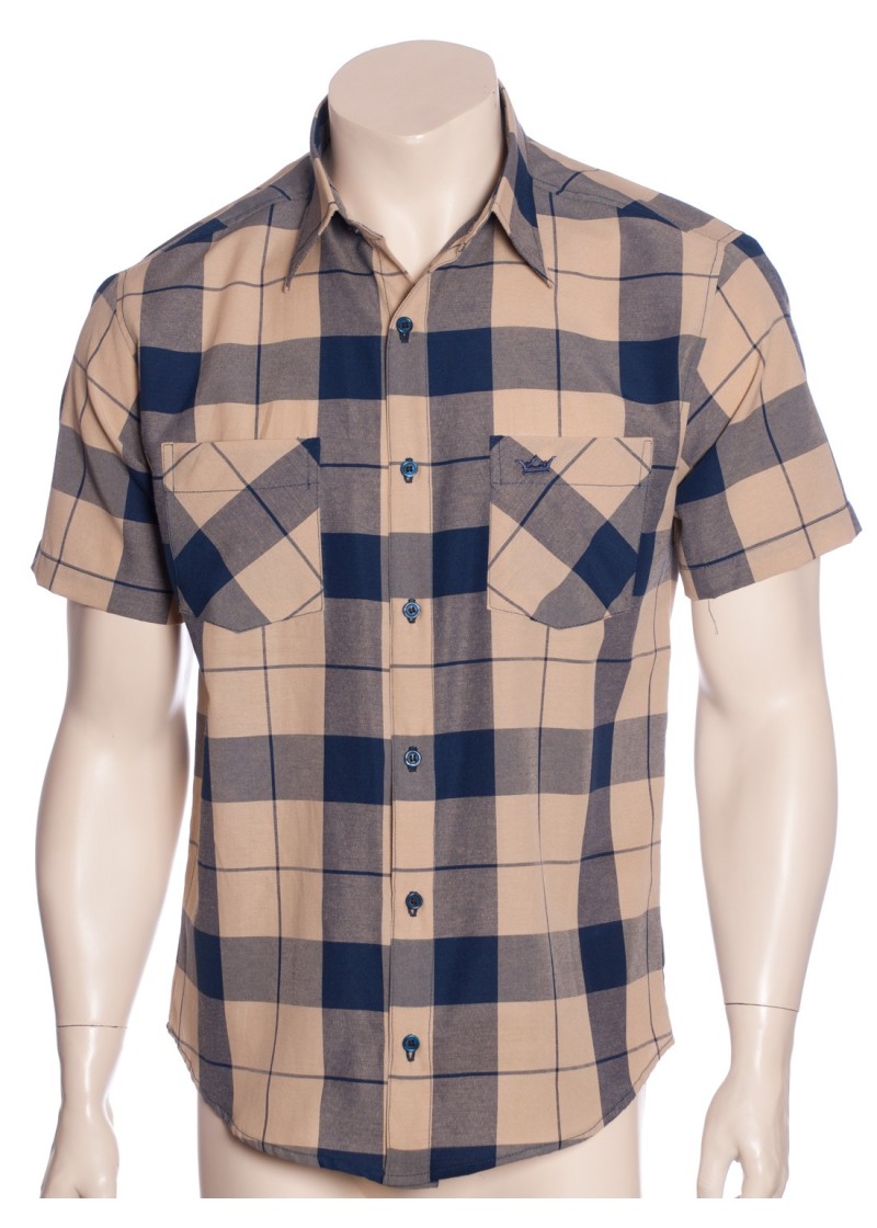 Camisa xadrez bege com marinho masculina manga curta