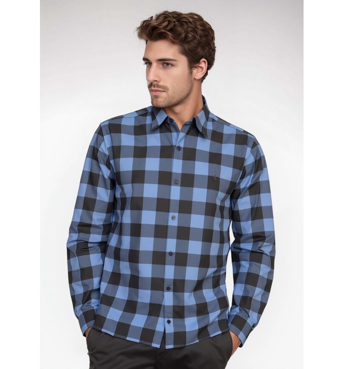 Camisa Xadrez Azul e Preta Manga Longa Camisa Xadrez Azul e Preta Manga Longa